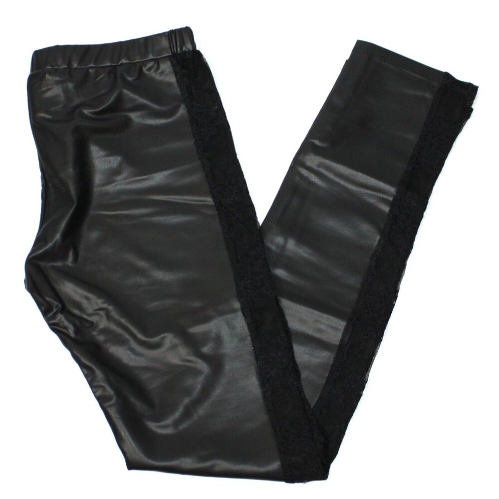 Miss Pinky Women's Faux Leather Black Leggings with Inset Lace Sides size M NWT